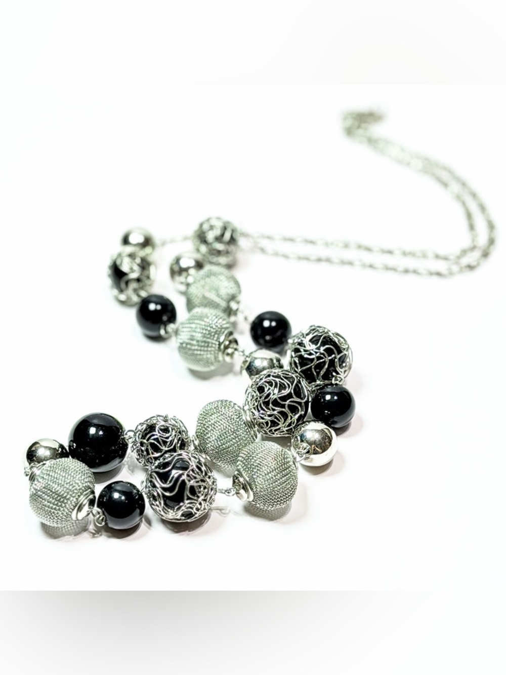 Silver Tone Black Bead Wire Mesh Statement Necklace 32” Textured Necklace